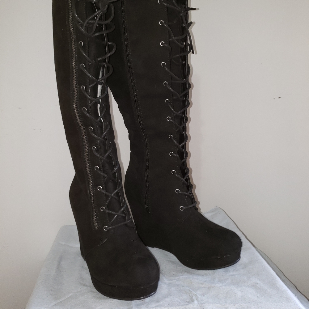 Brand New knee high suede wedge boot